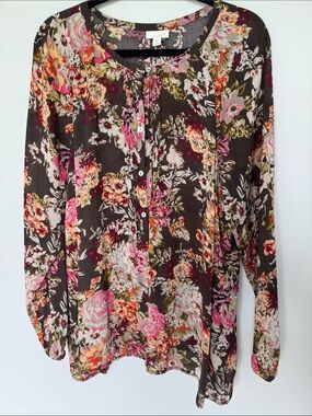 J. Jill Brown Floral Pintuck Button-Front Tunic